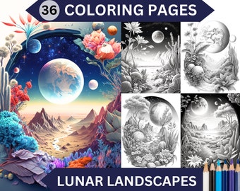 36 Lunar Landscapes Coloring Pages | Printable Adult Grayscale Coloring Book | Instant Download Printable PDF/JPG files