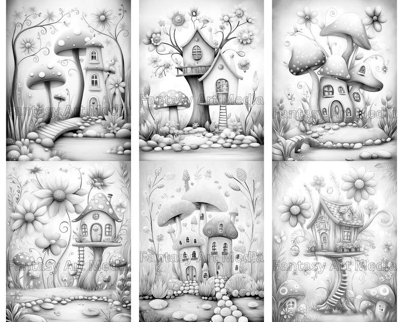 Grayscale Coloring Pages Fantasy Fun Treehouses Whimsical Printable ...