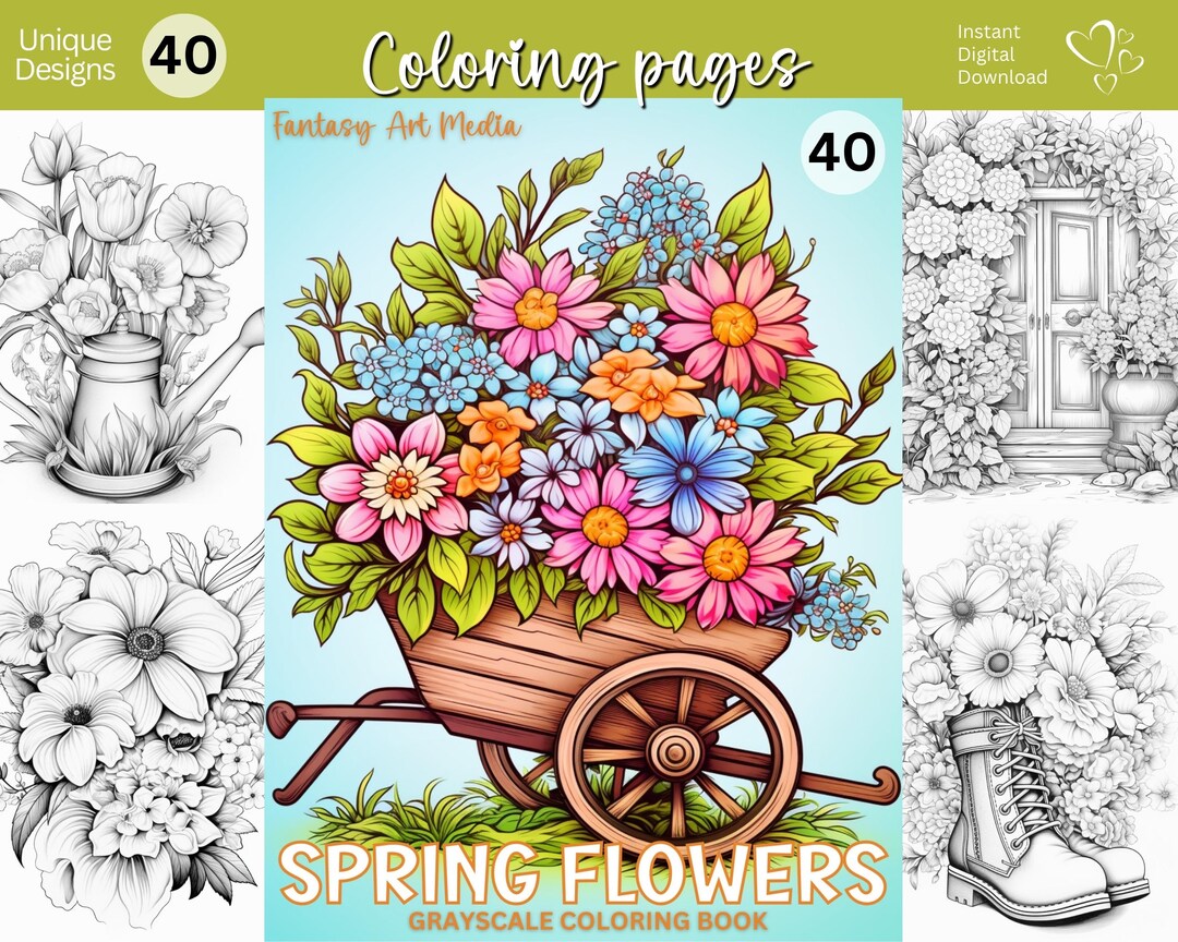 Spring Flowers Coloring Pages | Adult Grayscale Seasonal Floral ...