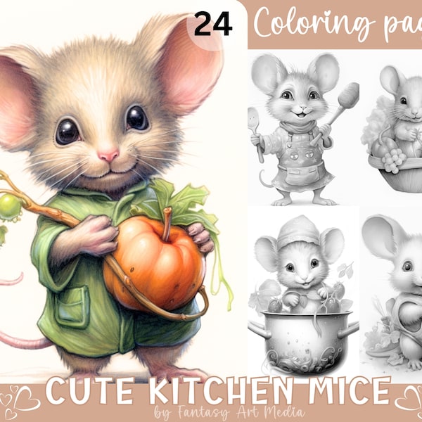 Cute Kitchen Mice Grayscale Coloring Pages, Adults & Children Printable Mouse pet animal Book | Instant Download Printable PDF/JPG files