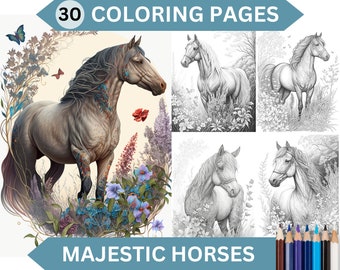 30 Majestic Horses Grayscale Coloring Pages | Printable Adult Coloring Book | Instant Download Printable PDF/JPG files