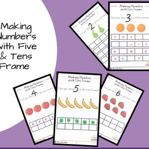 May include: Educational flashcards titled "Making Numbers with Five & Tens Frame." The cards feature illustrations of fruits and objects representing numbers 2 through 6. Each card includes a ten-frame for visual representation.