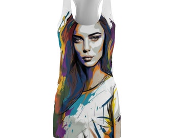 Women's Colorful Cut & Sew Racerback Dress Beach Coverups Plus Size Mini Tank Dress