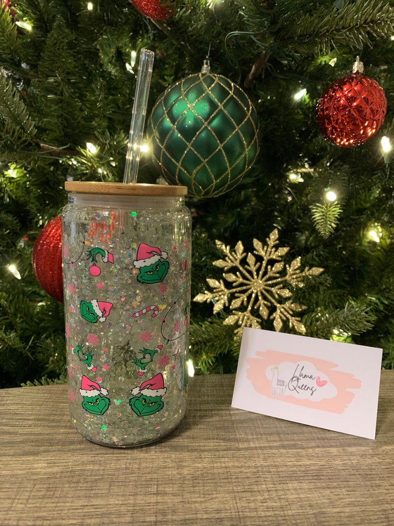 Grinch Snow Globe Glass Can Grinch Cup With Lid and Straw Etsy