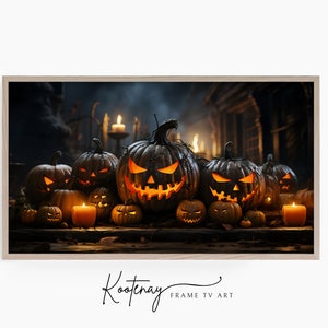 May include: A group of carved pumpkins with glowing faces sit on a wooden surface in front of a dark, spooky background. The pumpkins are lit from within, creating a warm, inviting glow.