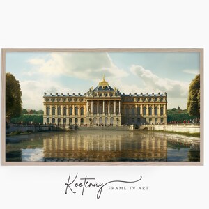 May include: A painting of a large, yellow palace with a reflecting pool in front of it. The palace has a blue roof and many windows. The sky is blue with white clouds.