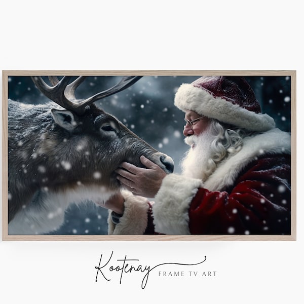 Christmas Frame TV Art - Santa Petting Reindeer | Samsung Frame TV Art | Digital TV File | Digital Art For Frame | Holiday Frame Tv Art