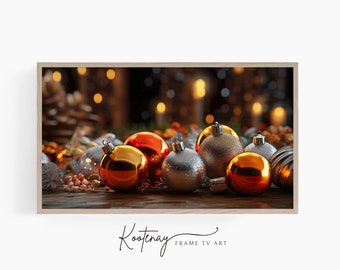 Décoration de Noël avec cadre pour téléviseur - Décorations orange et argent | Décoration pour téléviseur Samsung Frame | Fichier TV numérique | Art numérique pour cadre | Art déco pour les fêtes de fin d'année