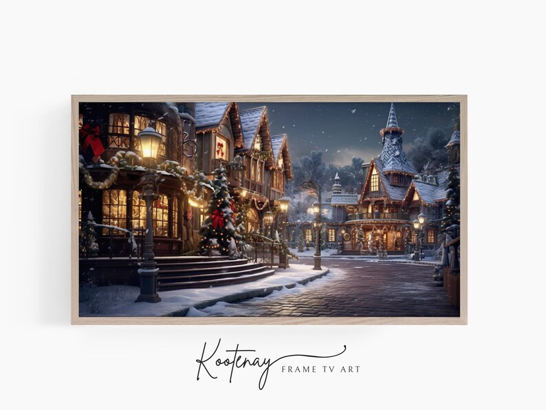 May include: A digital painting of a snowy, Christmas-themed village street at night. The buildings are decorated with lights and garlands. There is a tall, pointed building in the background with a star on top.