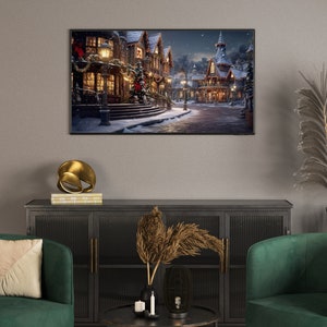 May include: A digital painting of a snowy village street scene at night. The buildings are decorated with Christmas lights and there are snow-covered trees in the background.