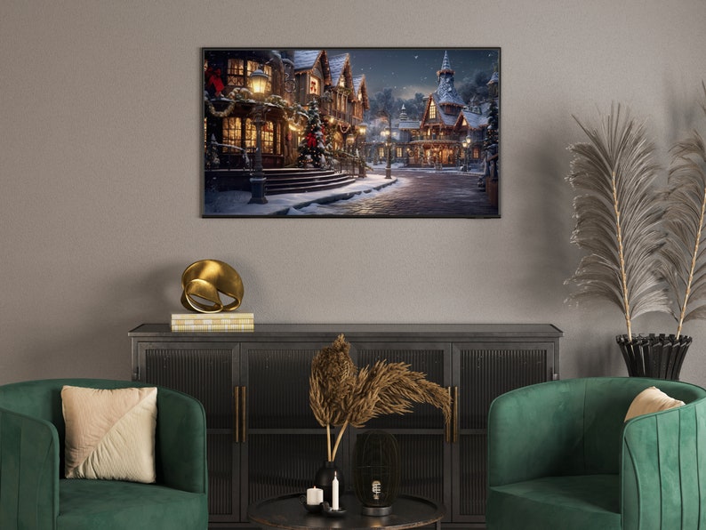 May include: A digital painting of a snowy village street scene at night. The buildings are decorated with Christmas lights and there are snow-covered trees in the background.