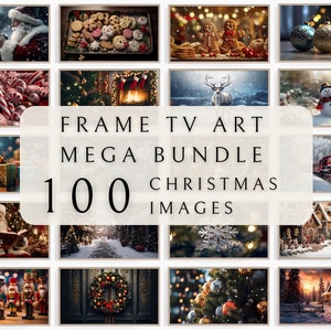 May include: A collage of 100 Christmas images for use in digital frames, TV screens, or as art prints. The images include a variety of festive themes, such as Santa Claus, gingerbread houses, snowmen, and Christmas trees.