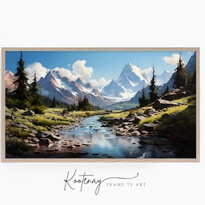 May include: A framed painting of a mountain landscape with a river flowing through the valley. The mountains are snow-capped and the sky is blue with a few white clouds. The river is clear and reflects the sky and mountains. The painting is framed in a light wood frame.