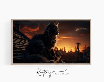Samsung Frame TV Art - Black Cat On Roof | Halloween Frame Tv Art | Spooky Art For Frame TV | Digital TV File | Digital Art For Frame