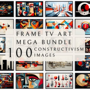 May include: A collection of framed art prints with abstract constructivist designs. The art features geometric shapes, bold colors like red, blue, and orange, and various compositions. The text "FRAME TV ART MEGA BUNDLE 100 IMAGES CONSTRUCTIVISM" is displayed.