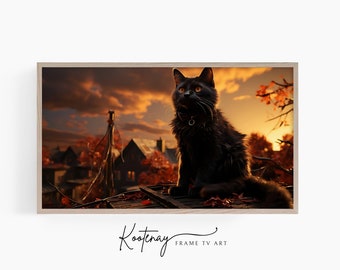 Samsung Frame TV Art - Zwarte kat bij zonsondergang | Halloween Frame TV-kunst | Spookachtige kunst voor Frame TV | Digitaal tv-bestand | Digitale kunst voor frame