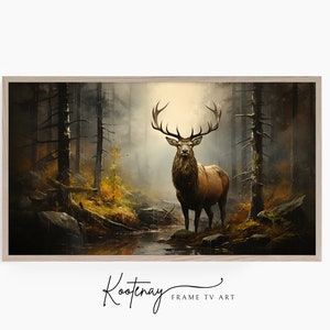 May include: A painting depicting a large red deer standing in a misty woodland. The deer has impressive antlers and is gazing directly at the viewer. The woodland is dark and atmospheric, with tall trees and a stream flowing through it.