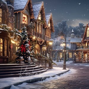 May include: A snowy, festive village street scene at night with twinkling lights, decorated Christmas trees, and snow-covered buildings. The street is lined with quaint shops and houses, creating a charming and magical atmosphere.