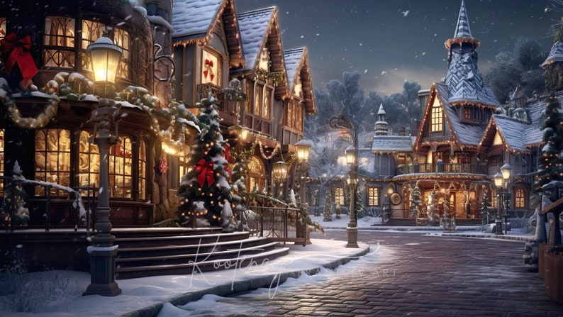 May include: A snowy, festive village street scene at night with twinkling lights, decorated Christmas trees, and snow-covered buildings. The street is lined with quaint shops and houses, creating a charming and magical atmosphere.