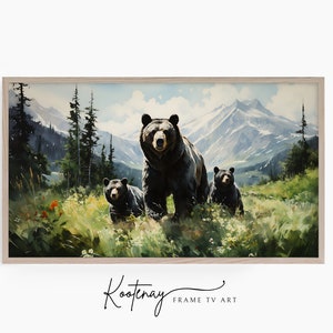 Puede incluir: Una pintura enmarcada de tres osos negros en un prado de montaña. Los osos caminan hacia el espectador, con el oso más grande en el centro. El fondo es un prado verde exuberante con flores silvestres y una cordillera nevada en la distancia.