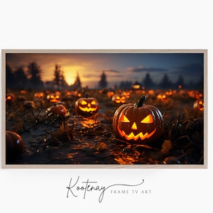 May include: A field of glowing jack-o'-lanterns with carved faces, illuminated against a dark, foggy background with a sunset in the distance.