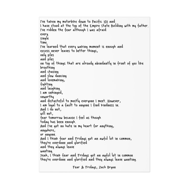 Fear and Fridays Lyrics Zach Bryan Handwritten Font Print Etsy