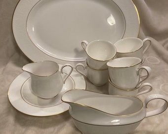 Hannah Gold by Lenox, Platter, Creamer, Bowl, Gravy Boat, Footed Cups