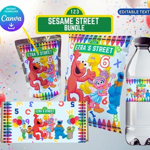 May include: A Sesame Street themed bundle with Elmo, Big Bird, and friends. The set includes a juice pouch, snack bag, water bottle, and a candy bar wrapper. The items are decorated with crayons and balloons. The text "Ezra's Street" is visible.