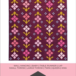 May include: A quilt pattern titled PANSY PATCH by Brittany Lloyd. The design features a dark purple background with a repeating grid of pixelated flowers in shades of pink, light pink, and yellow, with small light blue accents throughout the quilt.
