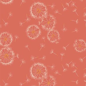 May include: A seamless pattern of white dandelion seeds on a coral background. The dandelion seeds are arranged in a random pattern and are all facing the same direction. The background is a solid coral color.