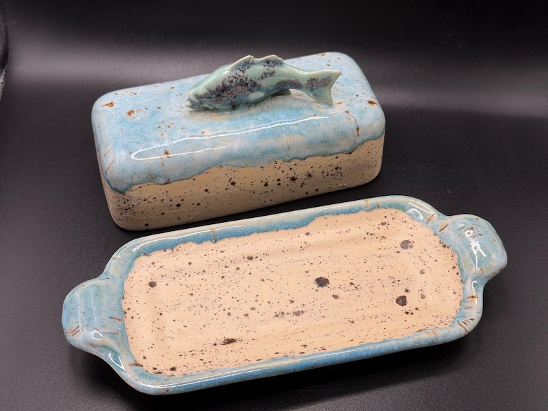 Blue speckled fish butter dish