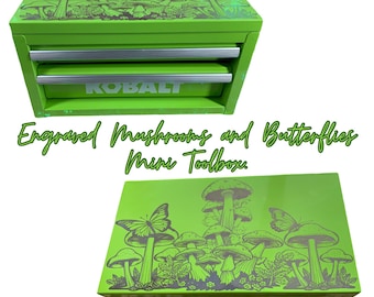 Kobalt Mini Toolbox, Laser Engraved Mushrooms and Butterflies.