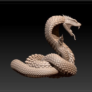 May include: A detailed 3D model of a coiled snake with a textured, scaly surface. The snake is in a defensive posture with its head raised and mouth open.