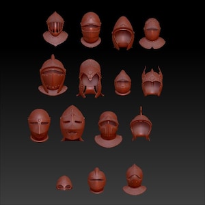 May include: A collection of 15 different styles of helmets, all in a reddish-brown color. The helmets are arranged in a grid pattern on a dark background.