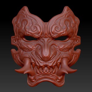 May include: A red, detailed, and menacing oni mask with sharp teeth and horns. The mask is made of a smooth, textured material and has intricate carvings.