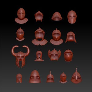 May include: A collection of 16 different helmet designs, all rendered in a 3D style. The helmets are various shades of brown and red, and some have intricate details.