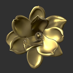 May include: A golden flower with multiple petals and a detailed center. The petals have a smooth, reflective surface, and the overall design is elegant and detailed. The flower is set against a dark background.