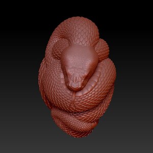 Op de afbeelding: Een gedetailleerd 3D-geprint model van een slang die in een bal is opgerold. De slang is roodbruin van kleur en heeft een getextureerd oppervlak.