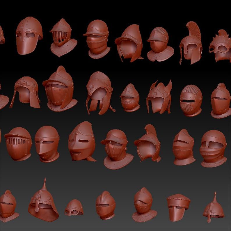May include: A collection of 30 different 3D models of medieval helmets, rendered in a clay-like material. The helmets are arranged in rows and are all facing the viewer.