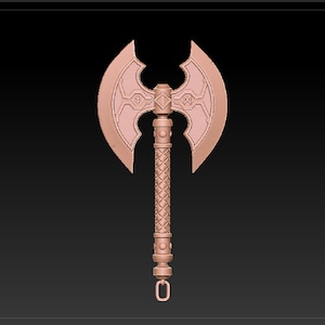 May include: A double-headed axe with a detailed, ornate design. The axe has a long, textured handle with a chain attached to the bottom.