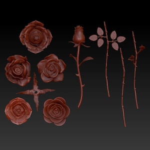 Puede incluir: Un conjunto de siete modelos de rosas impresos en 3D, que incluyen un solo capullo de rosa, cinco flores de rosa y un solo tallo de rosa con hojas. Los modelos son todos de un color marrón rojizo oscuro.