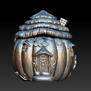 Può includere: Una casa a forma di zucca color argento con un tetto di paglia e una piccola porta. La casa ha un design a forma di vite e una foglia sul lato.