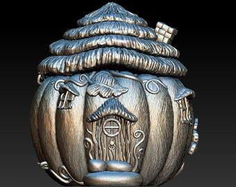 May include: A silver-colored pumpkin-shaped house with a thatched roof and a small door. The house has a vine-like design and a leaf on the side.
