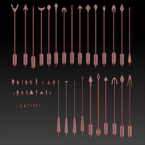 Puede incluir: Una colección de modelos 3D de puntas de flecha, con una variedad de formas y estilos. Las puntas de flecha son todas de color marrón rojizo.