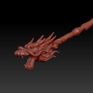 May include: A detailed 3D printed model of a dragon head, with an open mouth and sharp teeth, attached to a long, slender rod. The model is made of a reddish-brown plastic.