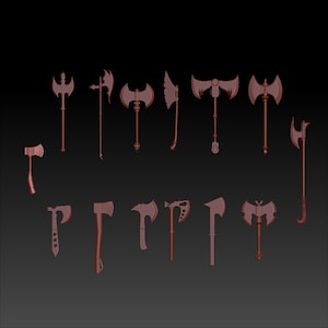 May include: A collection of 14 different axe designs, all rendered in a 3D modelling program. The axes are various sizes and shapes, with different blade styles and handle lengths.