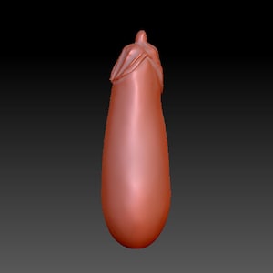 Könnte beinhalten: Ein 3D-Modell einer lila Aubergine mit einer glatten, abgerundeten Oberfläche. Die Aubergine ist in einer hellbraunen Farbe gerendert.