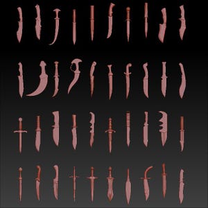 Puede incluir: Una colección de 30 cuchillos, espadas y dagas diferentes, todos renderizados en 3D. Las hojas son todas de color marrón rojizo y están dispuestas en tres filas de diez.