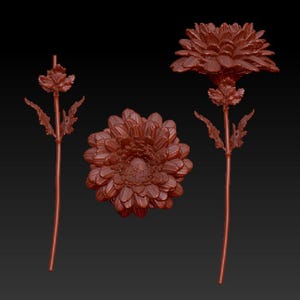 May include: Three 3D printed red flower models with stems and leaves. The flowers have a daisy-like shape with multiple layers of petals.