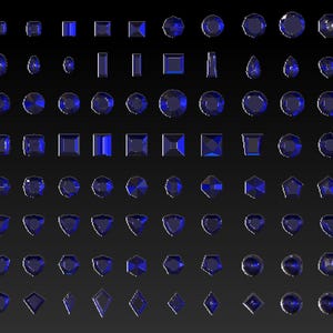Puede incluir: Una colección de gemas azules de diversas formas, incluyendo cuadrados, círculos y gotas, dispuestas sobre un fondo oscuro. Las gemas tienen facetas, lo que les da un aspecto brillante. La imagen muestra diferentes cortes y estilos.